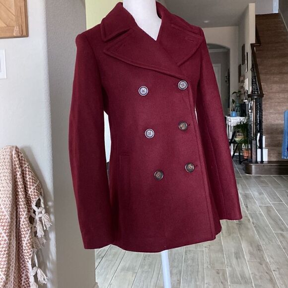 Old Navy Burgundy Wool Blend Pea Coat Pockets Collar S - Picture 2 of 10